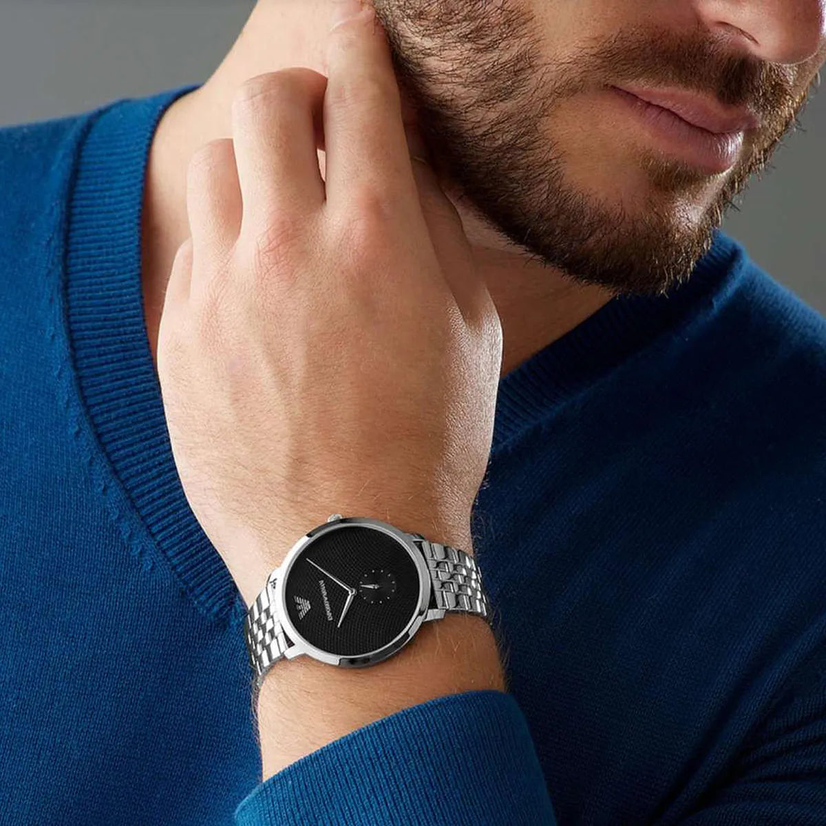 Emporio Armani Modern Slim Textured Black Dial Silver Men's Watch - AR11161