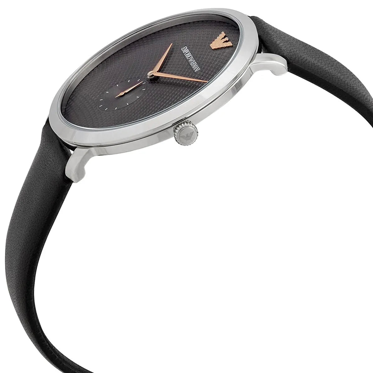 Emporio Armani AR11162 watch at angle showing profile, silver case and black strap