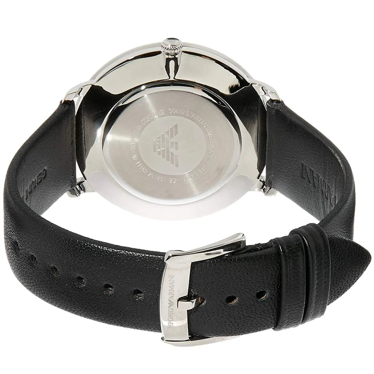 Emporio Armani AR11162 watch caseback viewed from behind with black leather strap