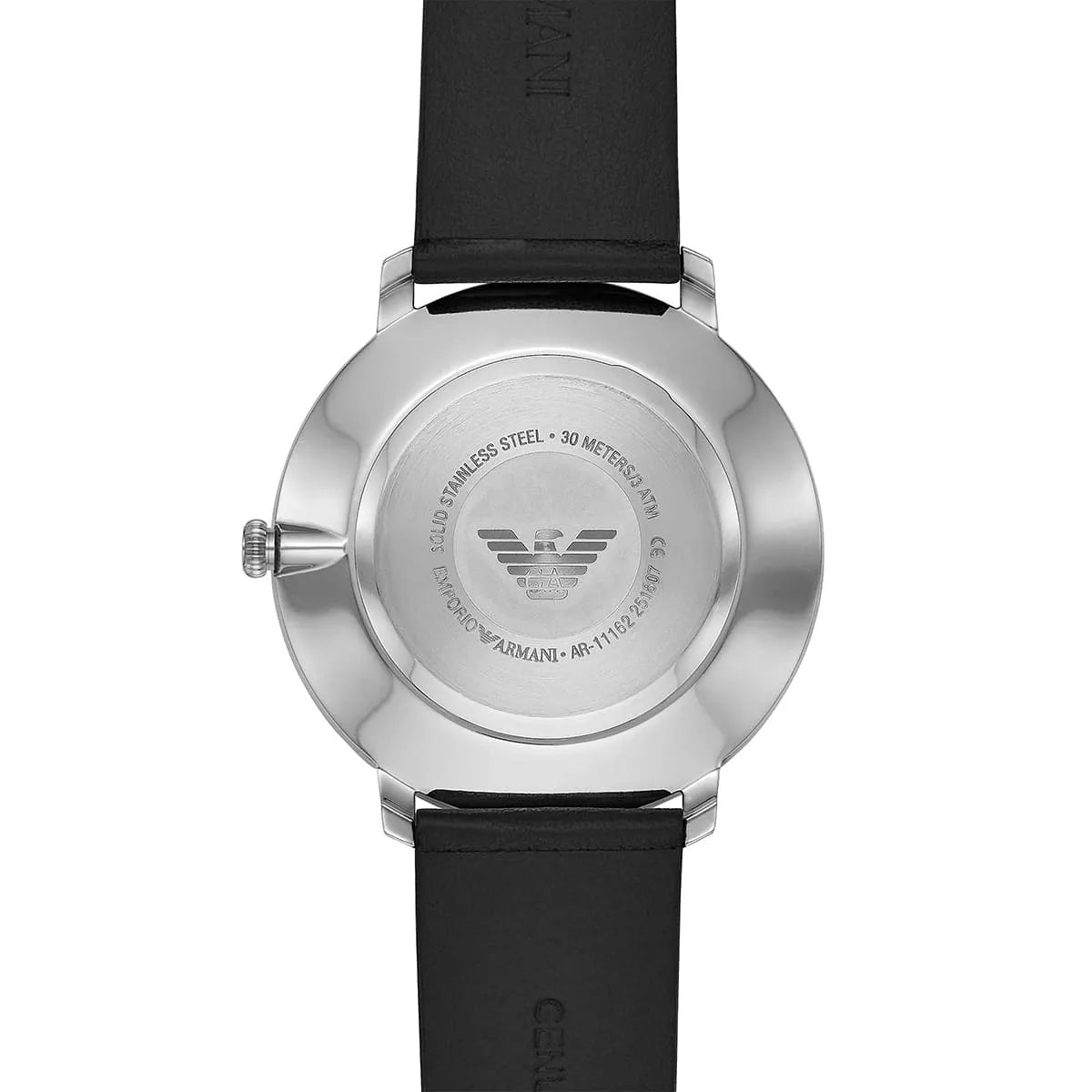 Emporio Armani AR11162 caseback showing stainless steel, water resistant marking and logo