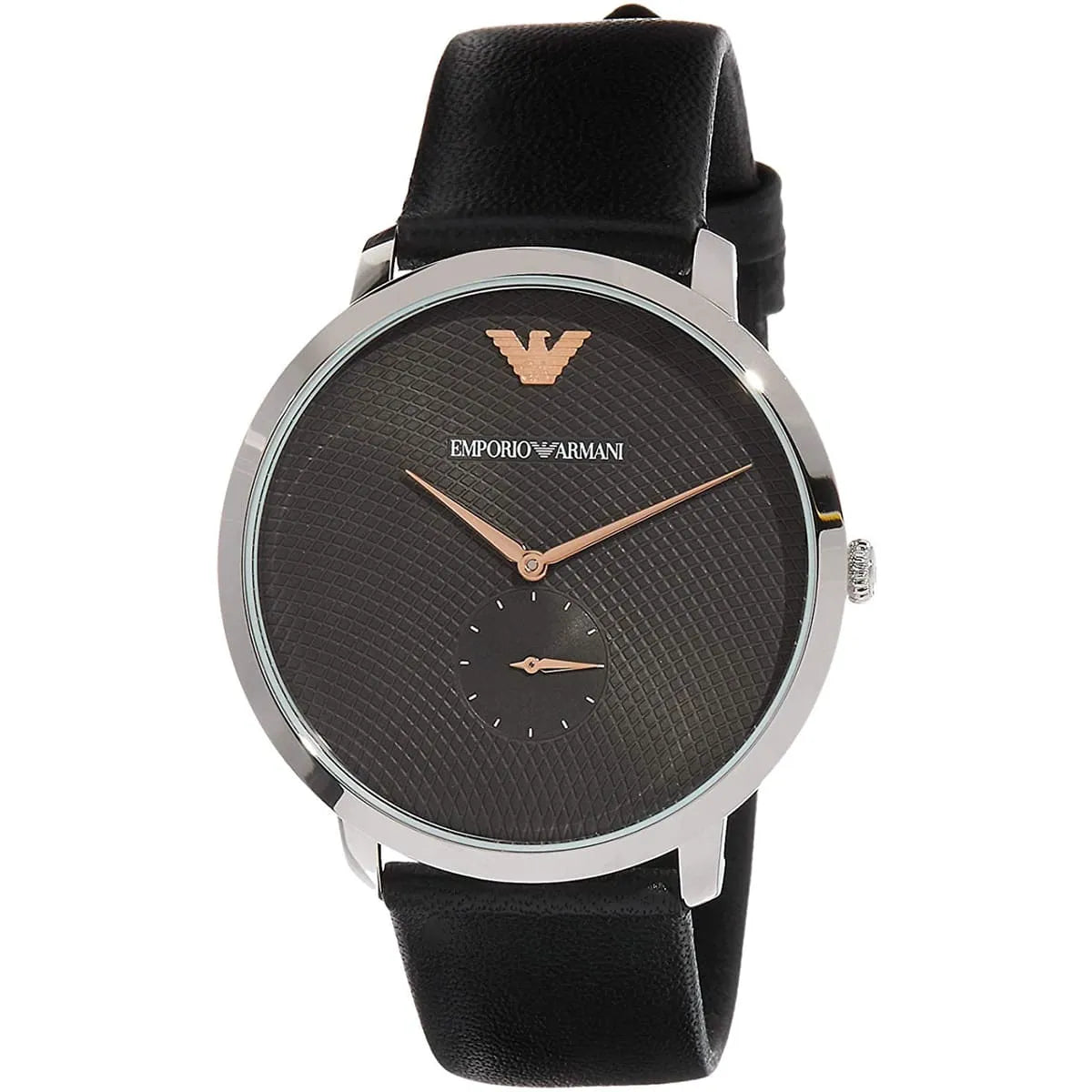 Emporio Armani AR11162 watch with grey patterned dial and black leather strap, front view