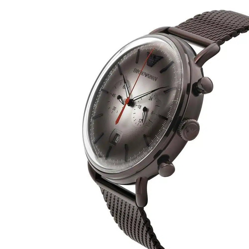 Side angle view of Emporio Armani Aviator AR11169 brown mesh watch showing case profile