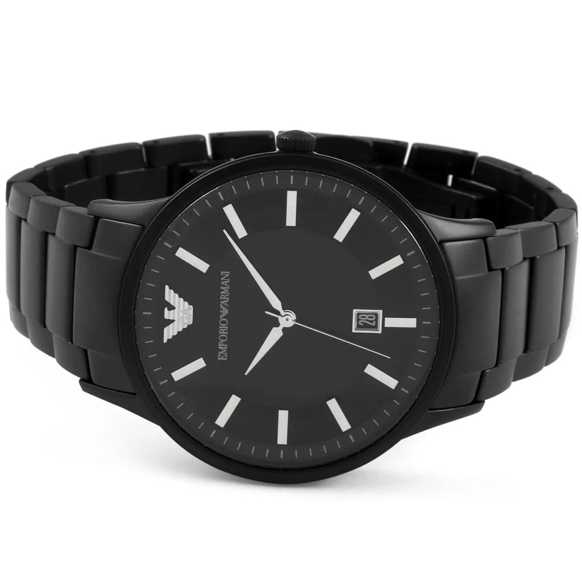 Caseback view of Emporio Armani Renato watch showing black stainless steel back