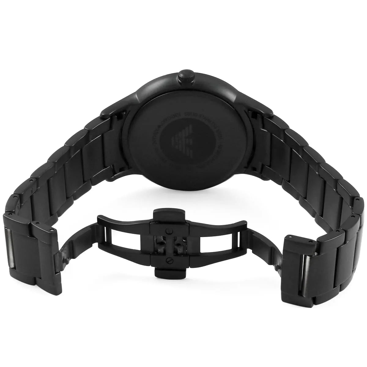 Emporio Armani Renato watch worn on wrist with black metal bracelet strap