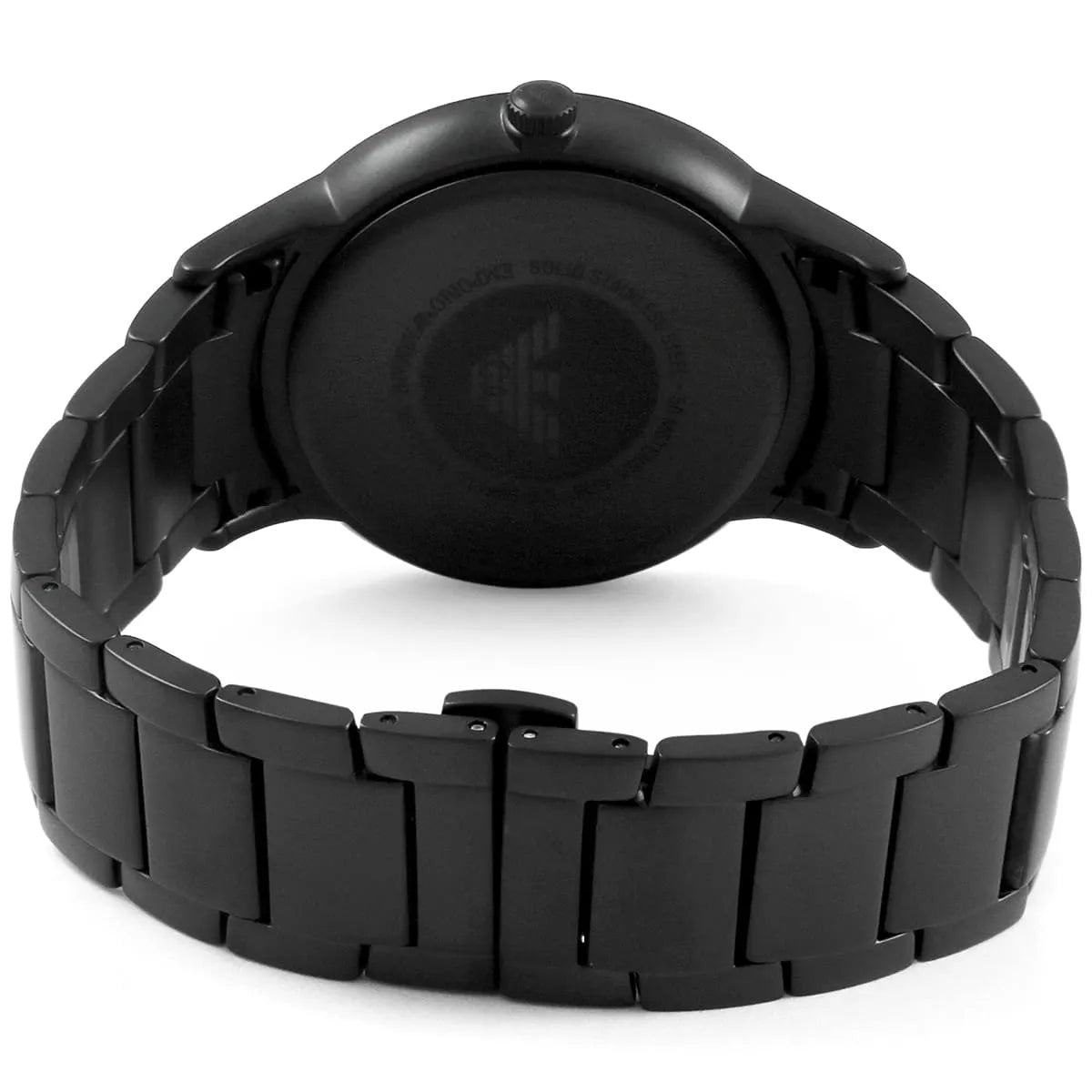 Top-down view of Emporio Armani Renato watch showing caseback and bracelet clasp