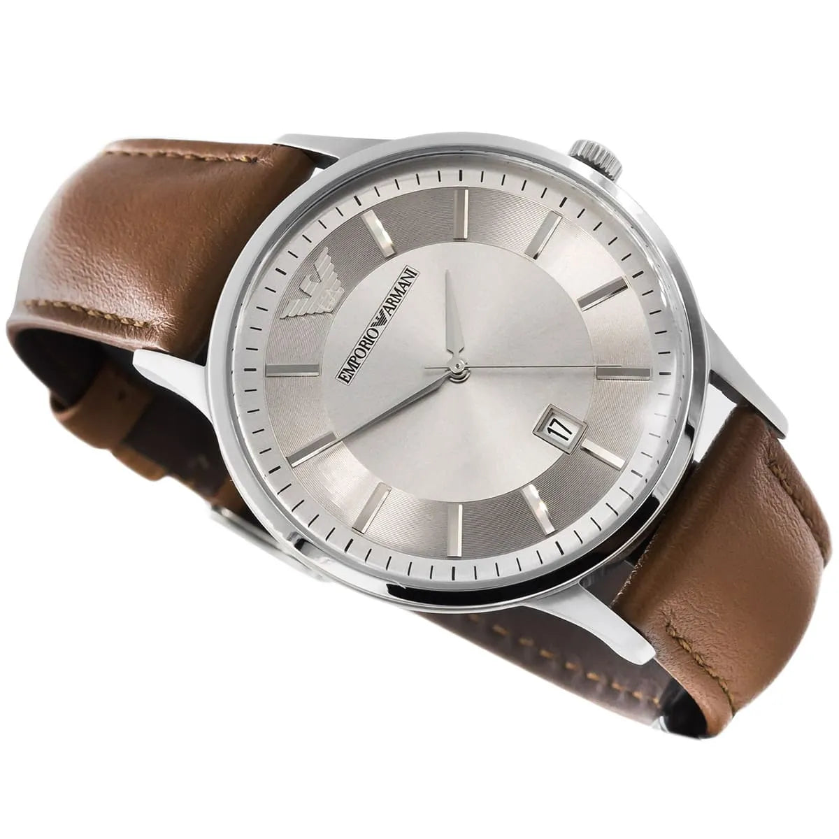 Emporio Armani Renato watch at angle with silver case and brown strap