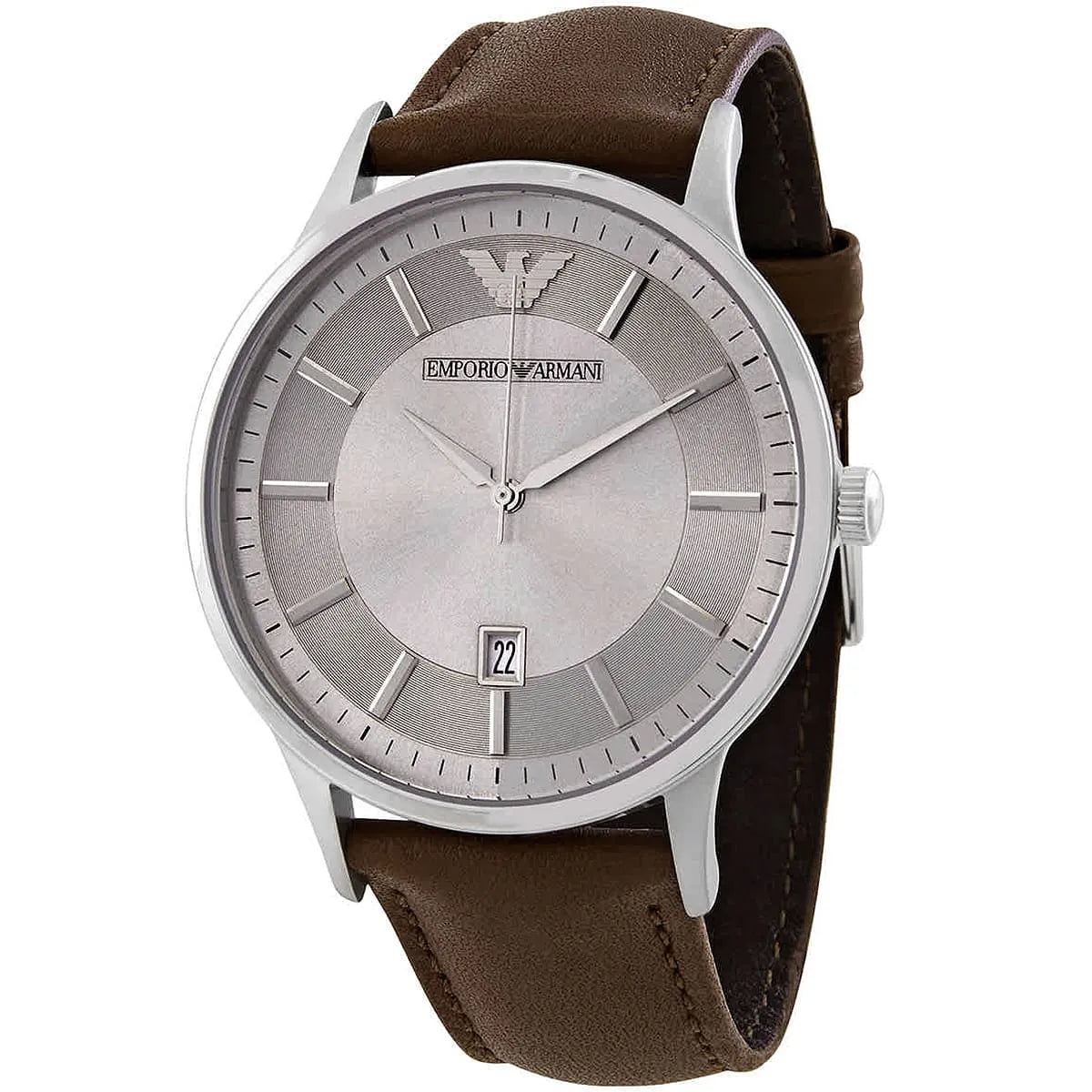 Emporio Armani Renato watch with silver dial and brown leather strap