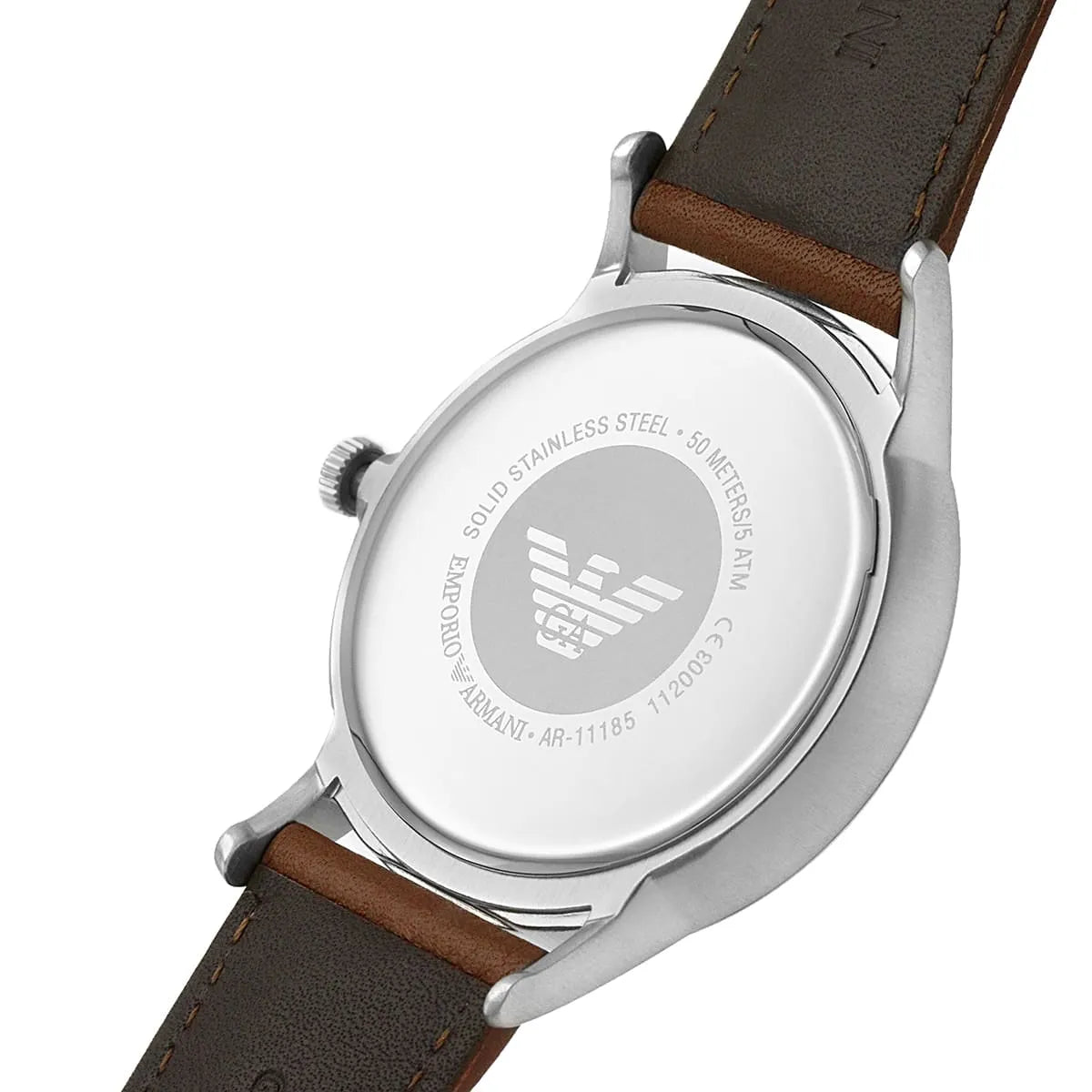 Emporio Armani Renato on wrist showing silver dial and leather band