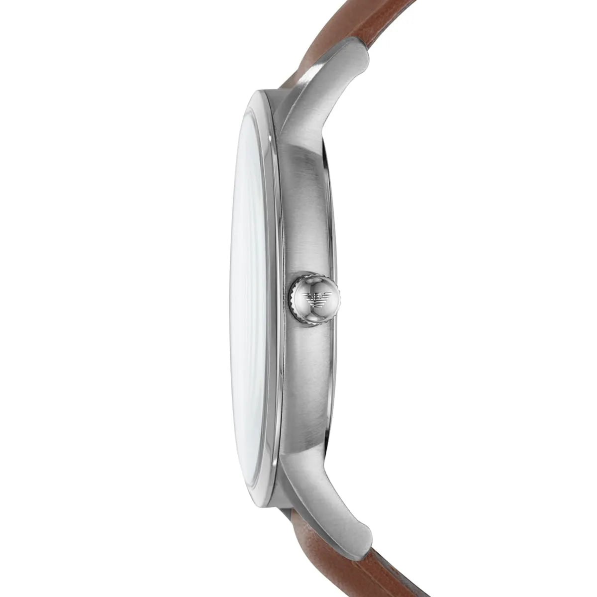Emporio Armani Renato side profile showing case and brown leather strap
