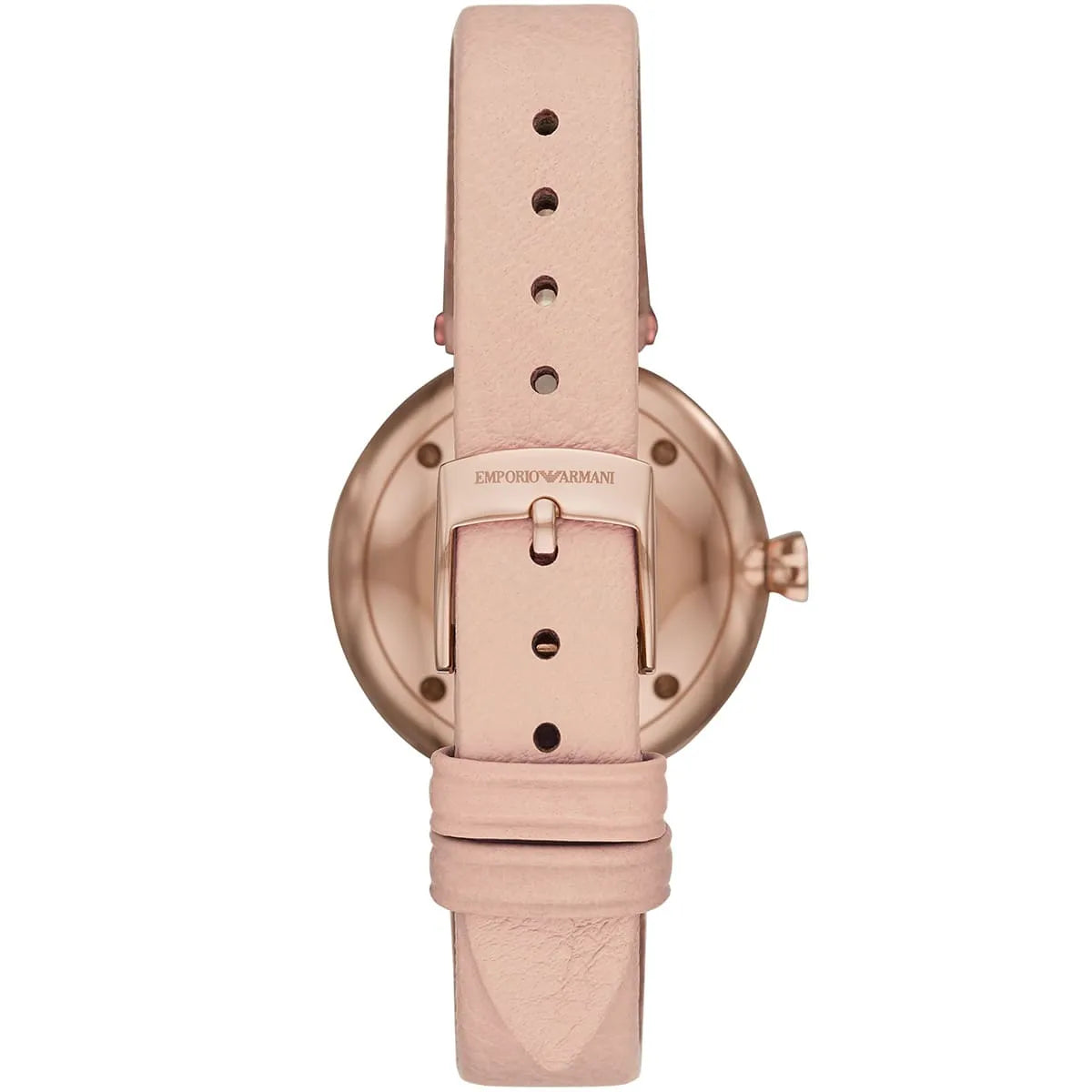 Emporio Armani Arianna caseback view showing rose-gold case back with Emporio Armani logo