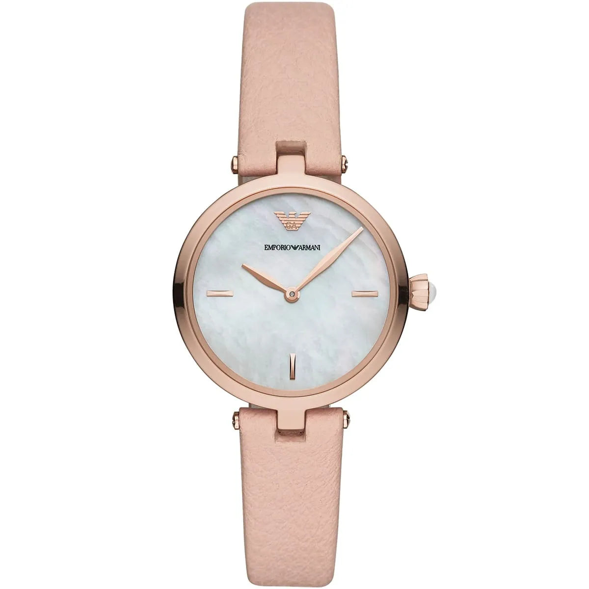 Emporio Armani Arianna watch with rose-gold case and white mother-of-pearl dial on nude-pink leather strap