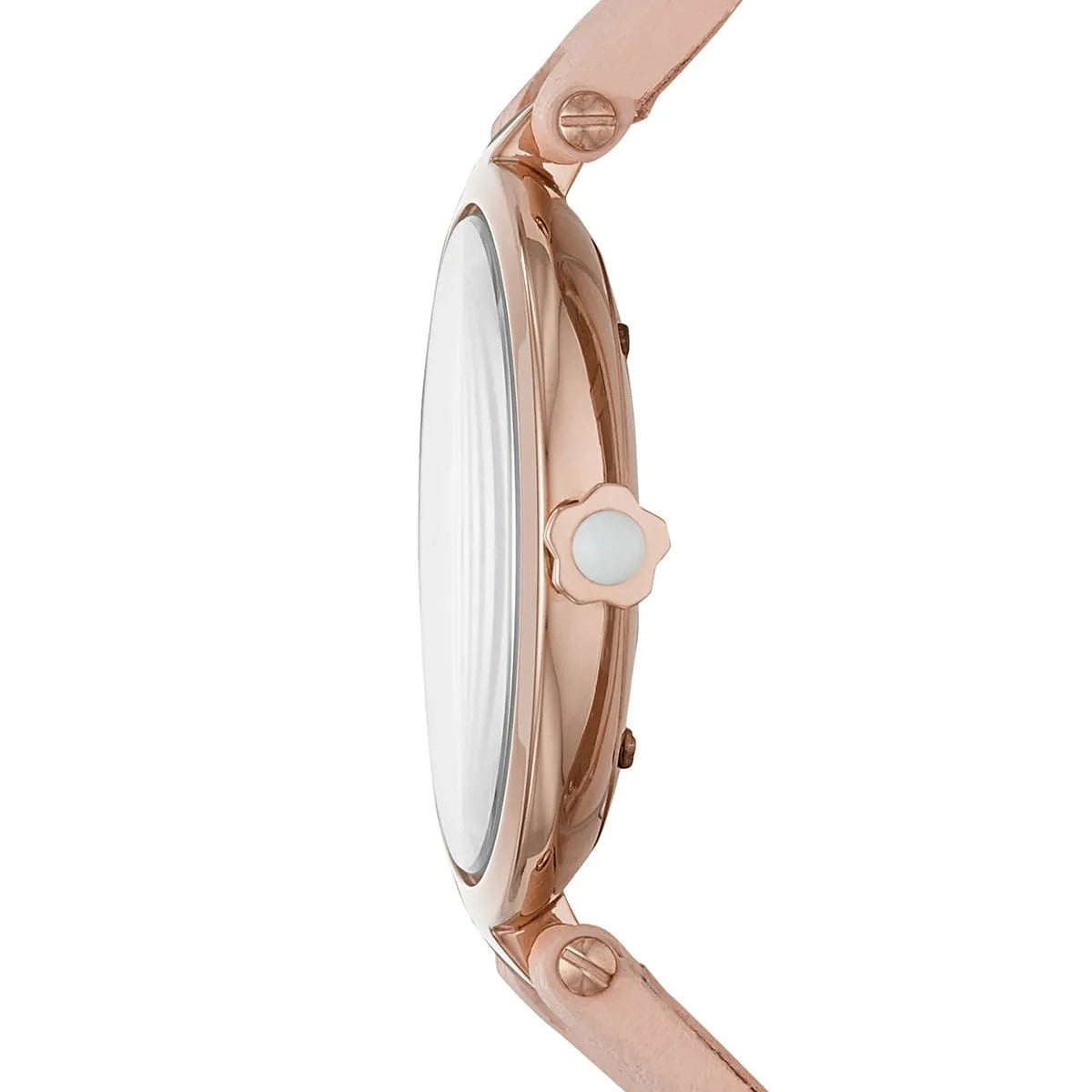 Emporio Armani Arianna side profile showing slim rose-gold case and pink leather strap