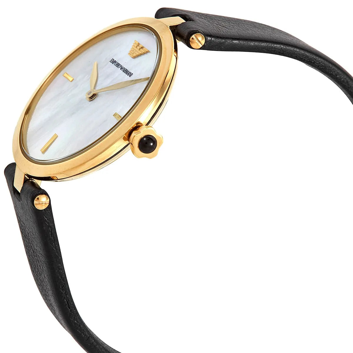 Emporio Armani Arianna side angle view showing gold case profile and black strap