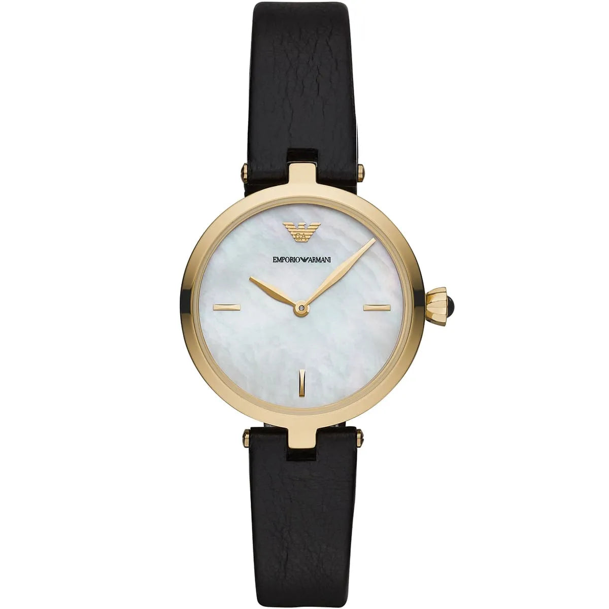 Emporio Armani Arianna quartz watch front view with white dial and gold-tone case