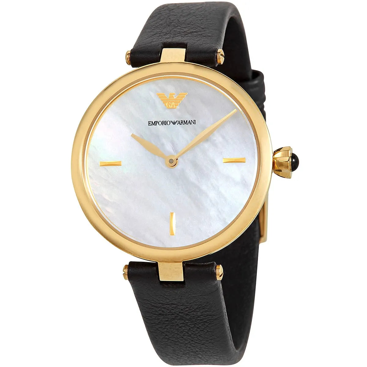Emporio Armani Arianna ladies watch with white mother-of-pearl dial, gold case, and black leather strap
