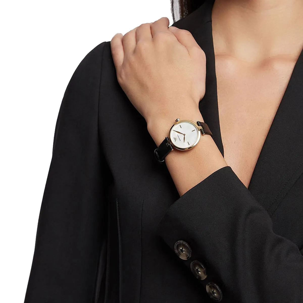 Emporio Armani Arianna watch worn on wrist showing white dial and black strap styling