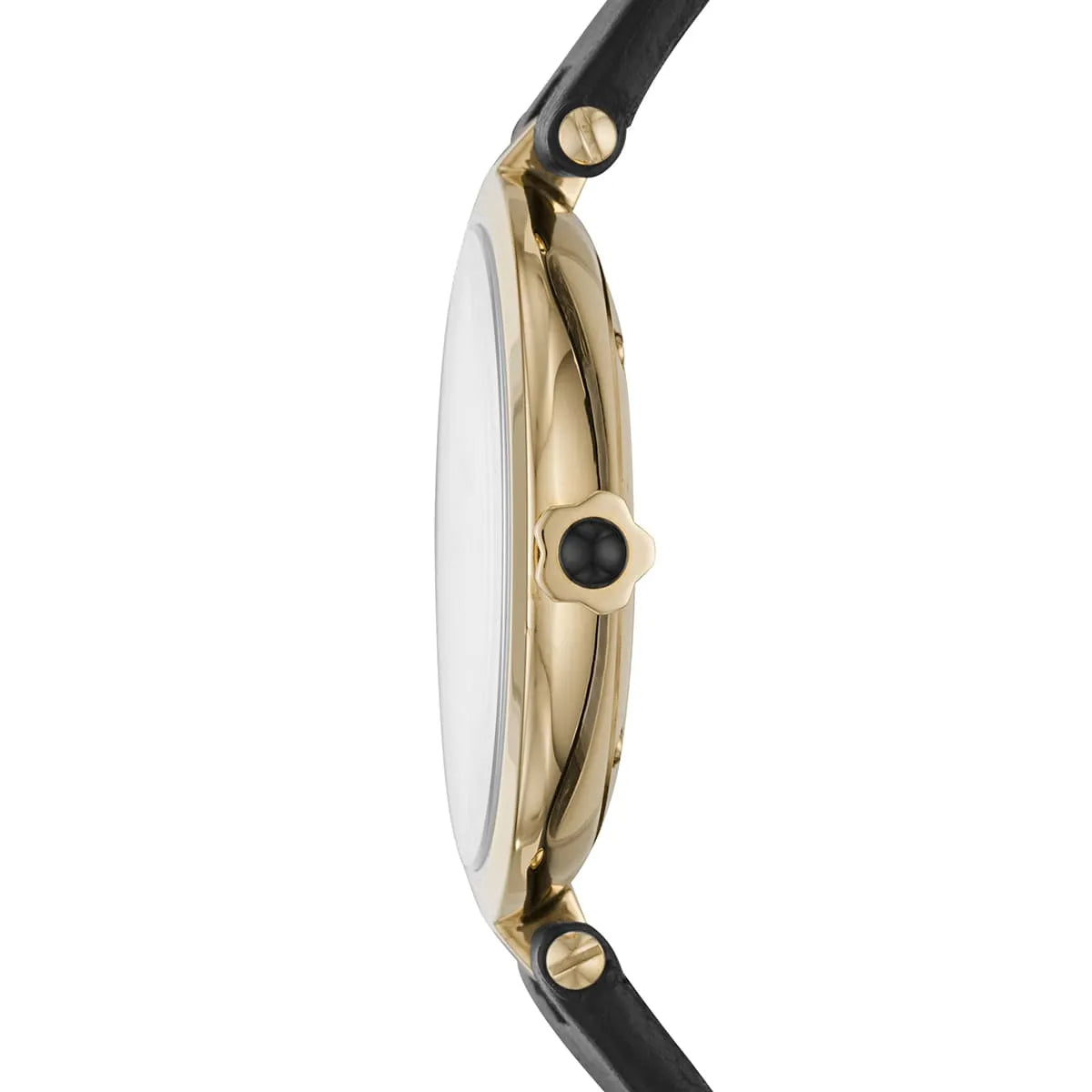 Emporio Armani Arianna side profile displaying gold-tone case and black leather strap