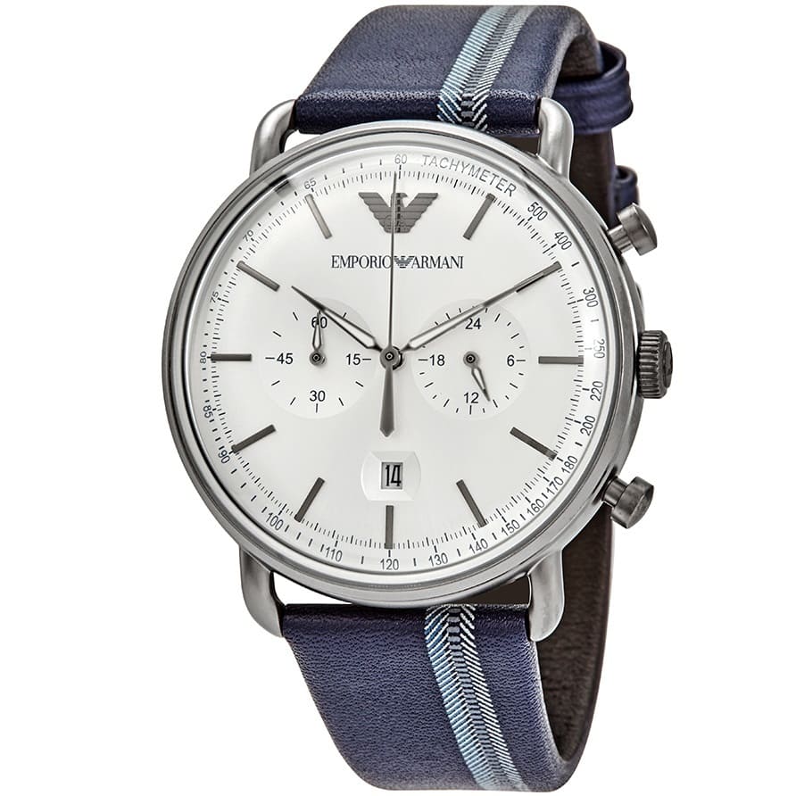 AR11202 Emporio Armani chronograph watch showing dial detail with tachymeter scale
