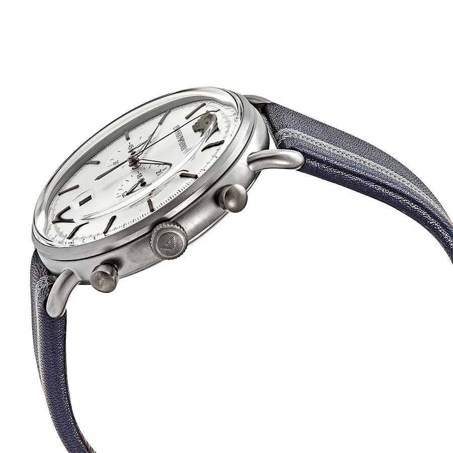Side view of AR11202 Emporio Armani watch with chronograph pushers and blue strap