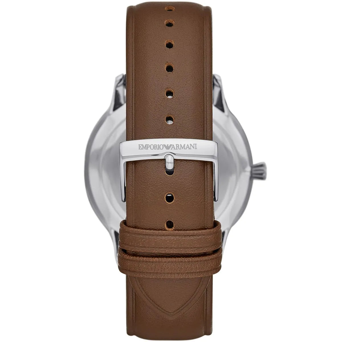 Emporio Armani Giovanni caseback showing brown leather strap and metal hardware