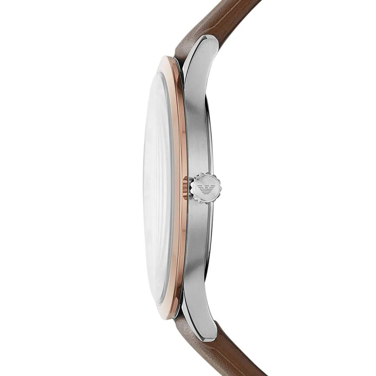 Emporio Armani Giovanni watch side profile showing case thickness and brown strap
