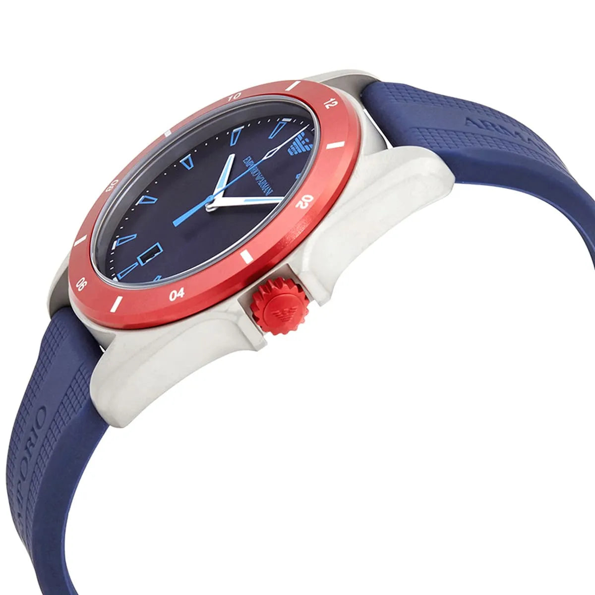 Angled view of Emporio Armani Sigma men's watch with blue silicone strap and red bezel