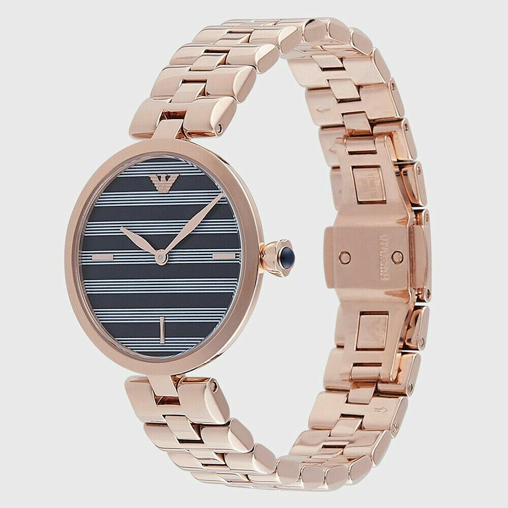 Emporio Armani AR11220 watch shown at angle with rose gold bracelet and case side view