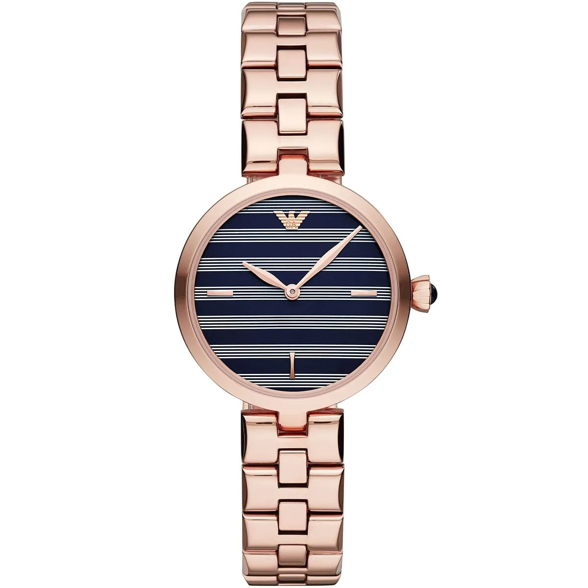 Emporio Armani AR11220 women's watch with blue striped dial and rose gold metal strap