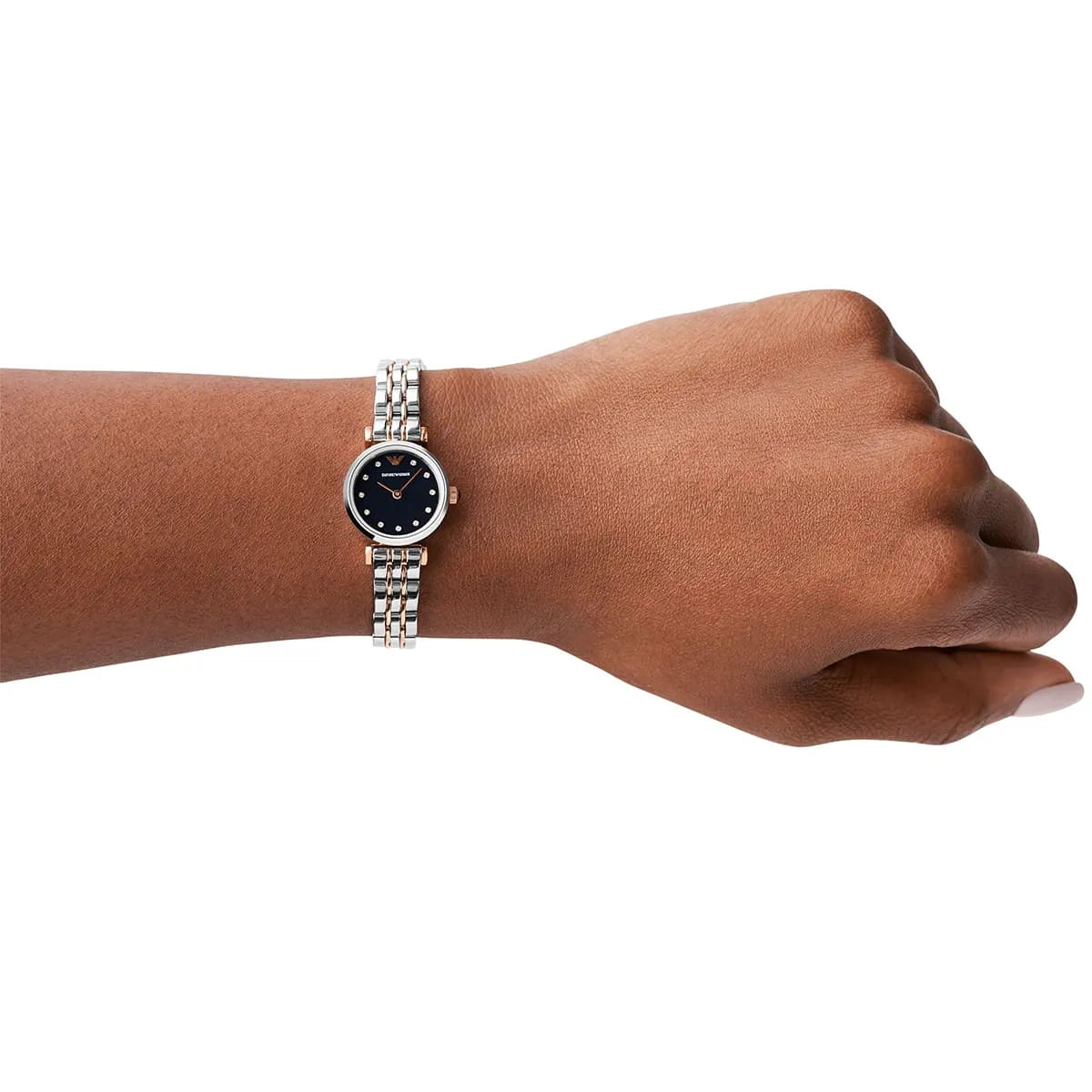 Emporio Armani AR11222 back view of case and two-tone bracelet with rose gold lugs