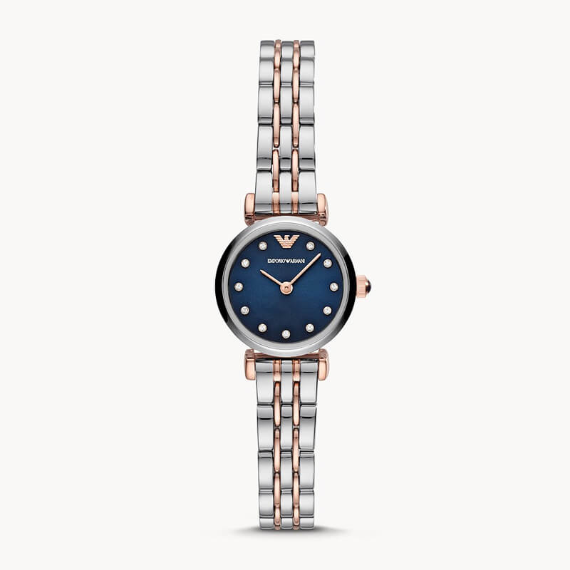 Emporio Armani AR11222 front view with blue crystal dial and rose gold accents
