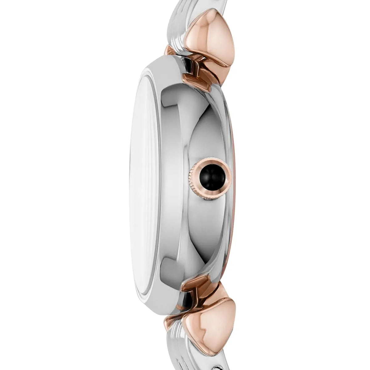 Side view of Emporio Armani AR11222 watch case showing rose gold and stainless steel bands