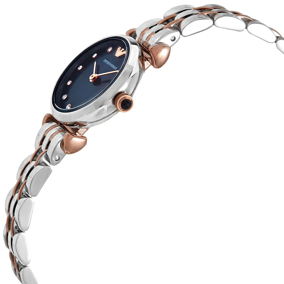 Side profile of Emporio Armani AR11222 with blue dial and two-tone metal bracelet