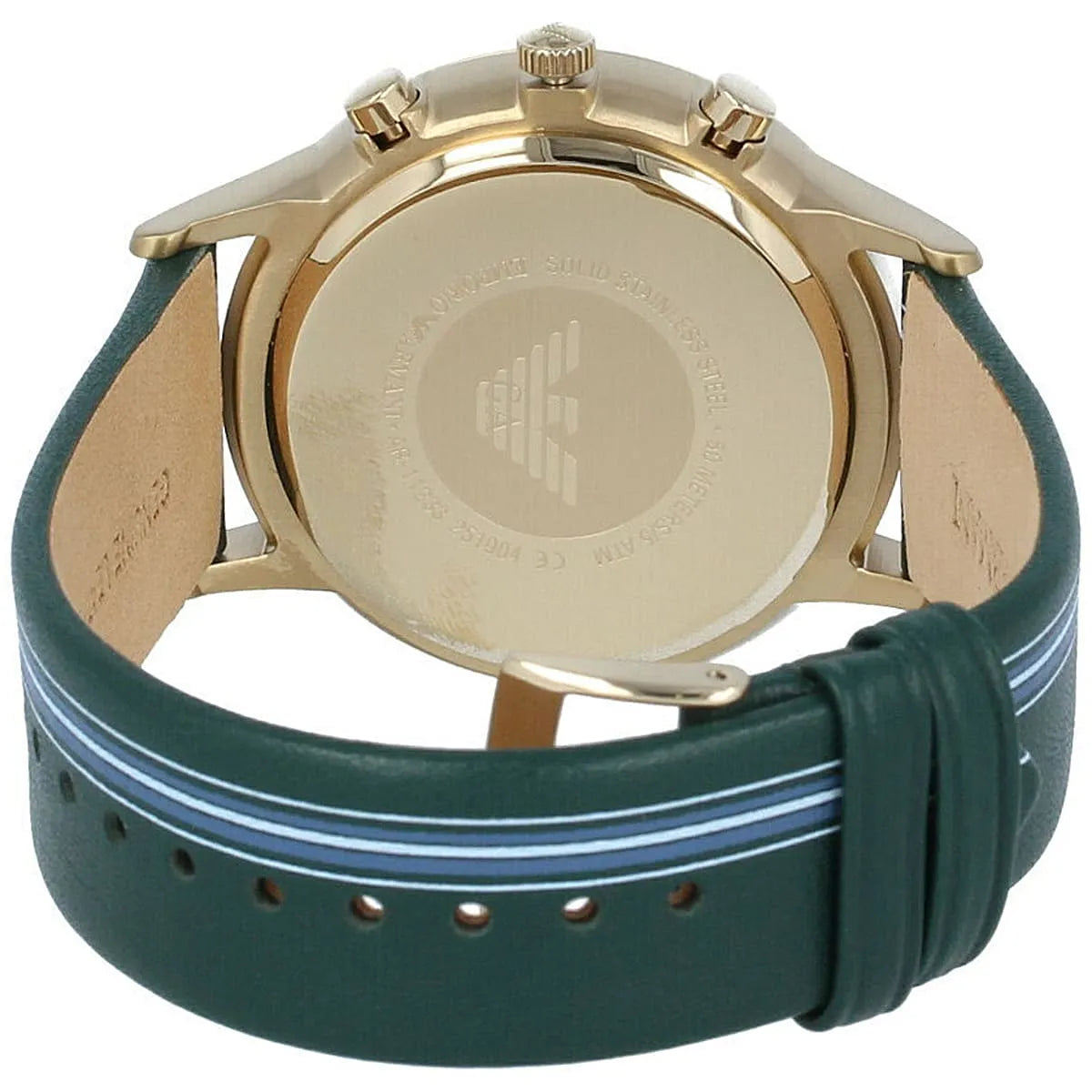 Emporio Armani AR11233 caseback showing engraved eagle logo and green leather strap