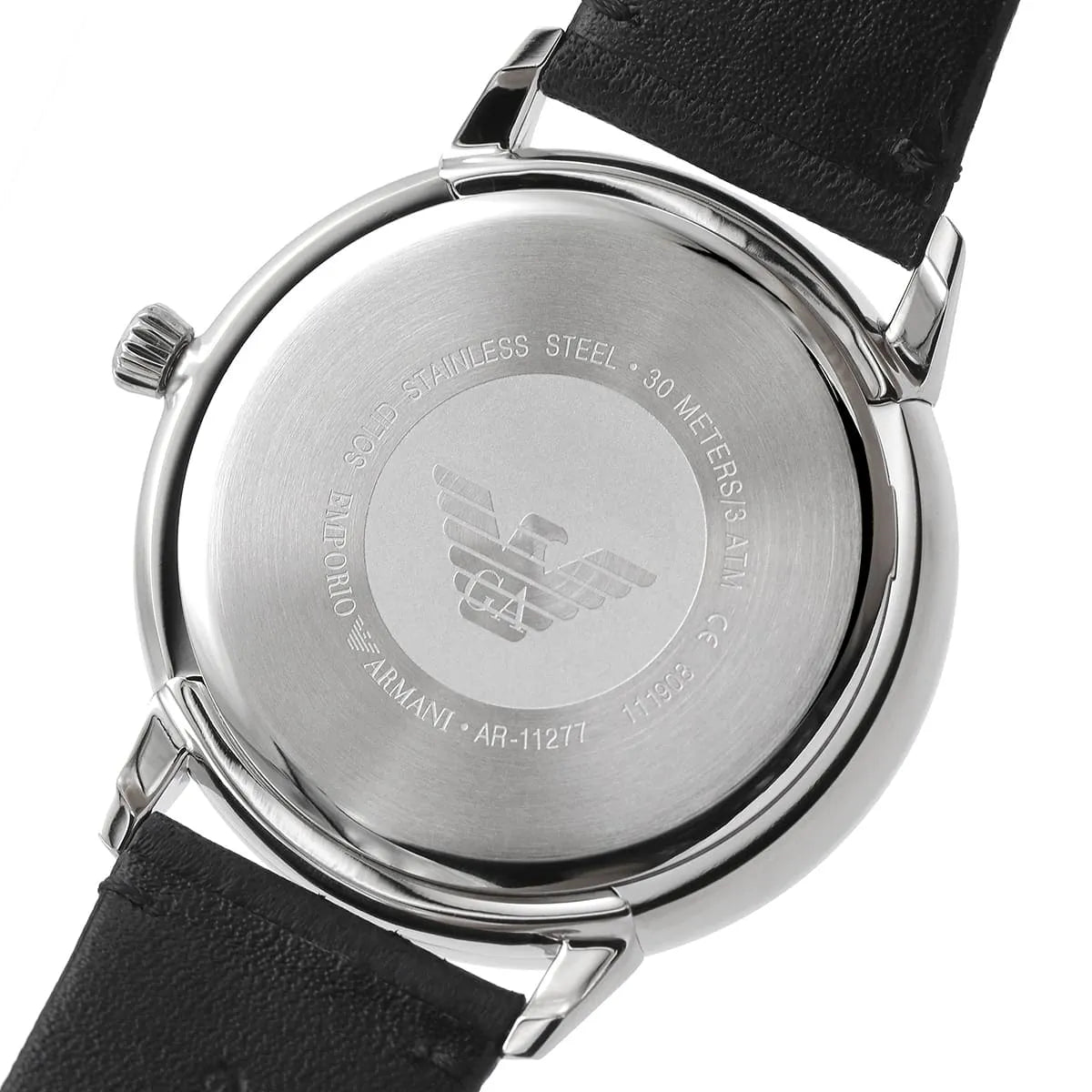 Emporio Armani Rugerro AR11277 stainless steel case back with engraved eagle emblem and specifications