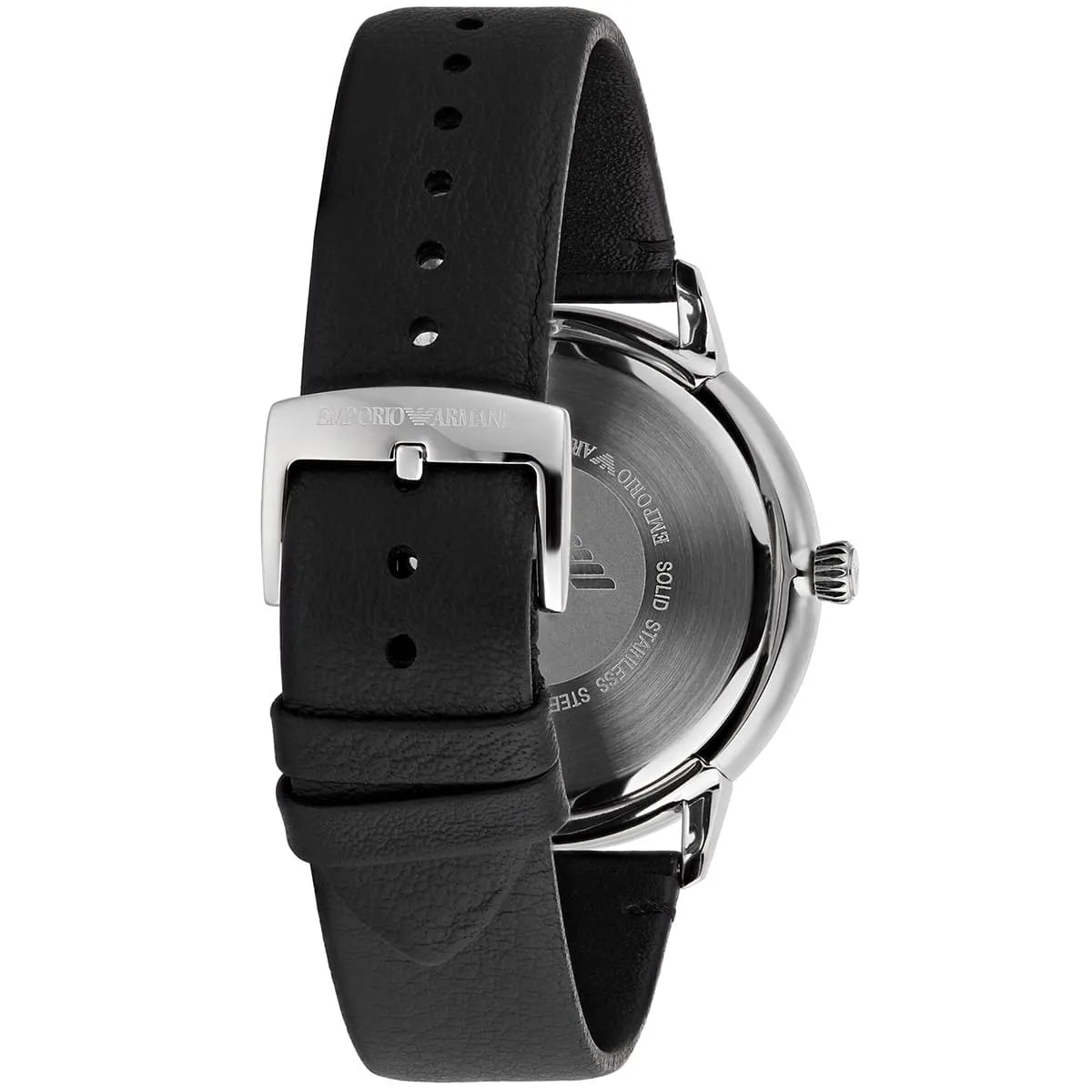 Emporio Armani Rugerro AR11277 black leather strap with stainless steel buckle and adjustment holes