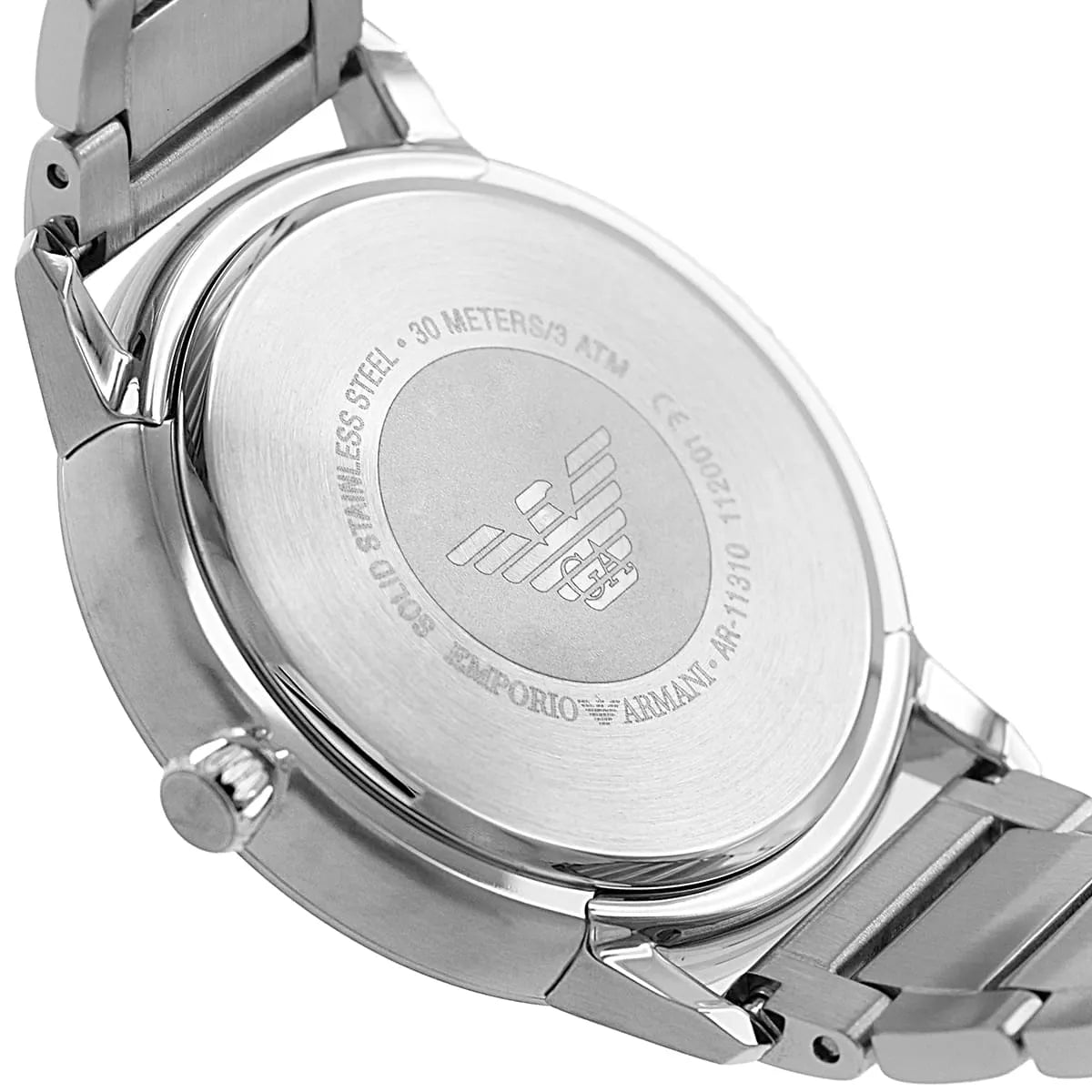 Emporio Armani Ruggero AR11310 caseback engraving and logo detail