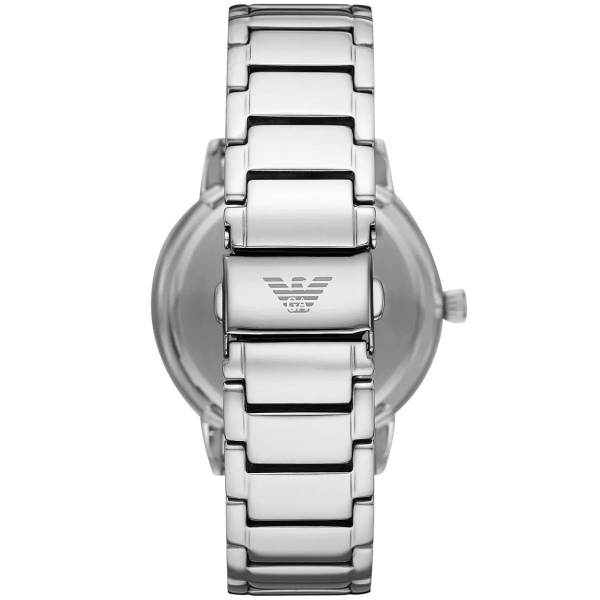 Emporio Armani Ruggero caseback showing stainless steel and Armani logo