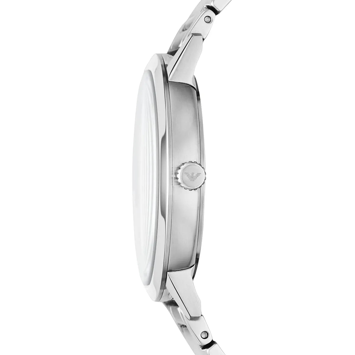 Side profile of Emporio Armani Ruggero watch showing case thickness and bracelet