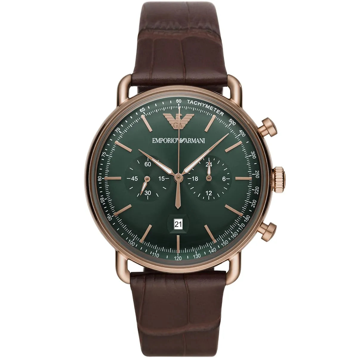Emporio Armani AR11334 chronograph watch with green dial and brown leather strap