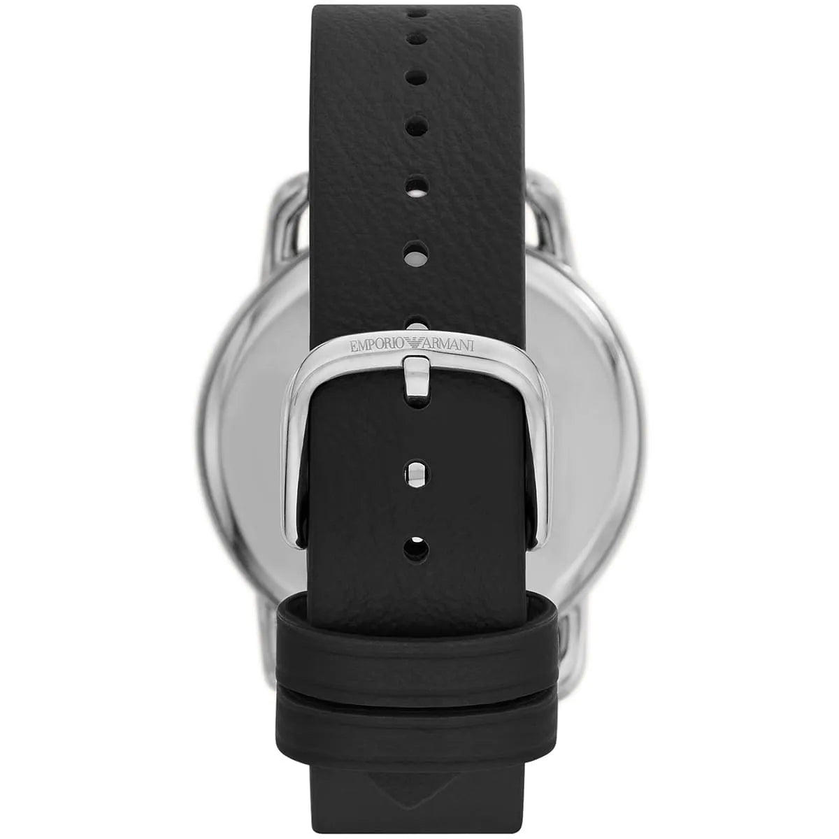 Back view of Emporio Armani AR11336 showing black leather strap with buckle and stainless steel case back