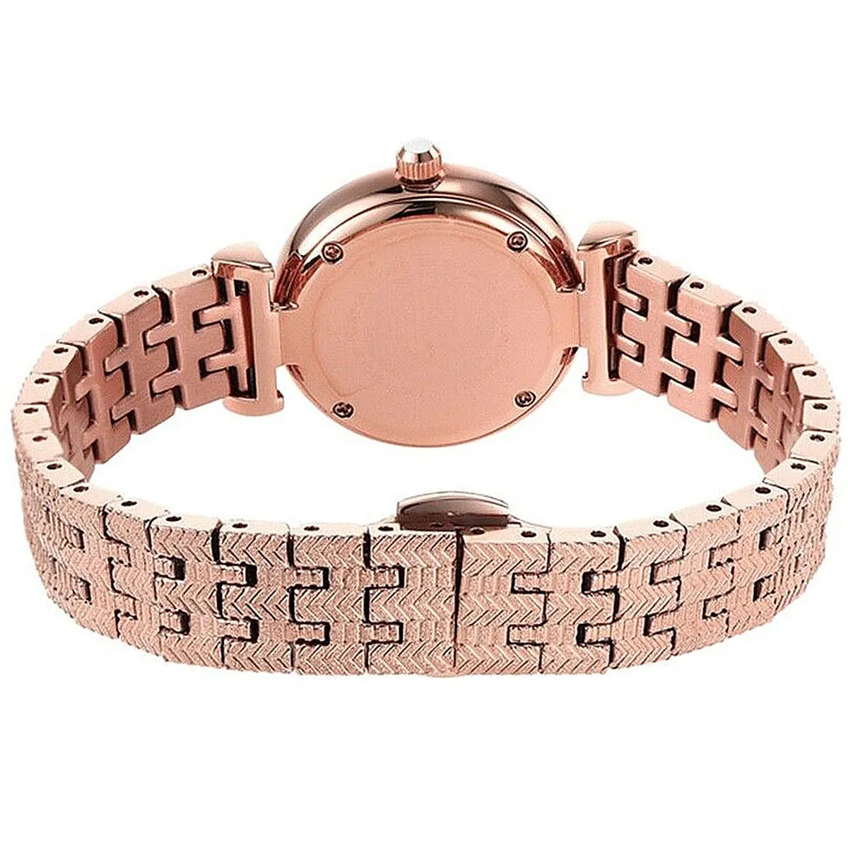Emporio Armani Gianna T-bar rose gold watch viewed from top showing T-bar strap and round case