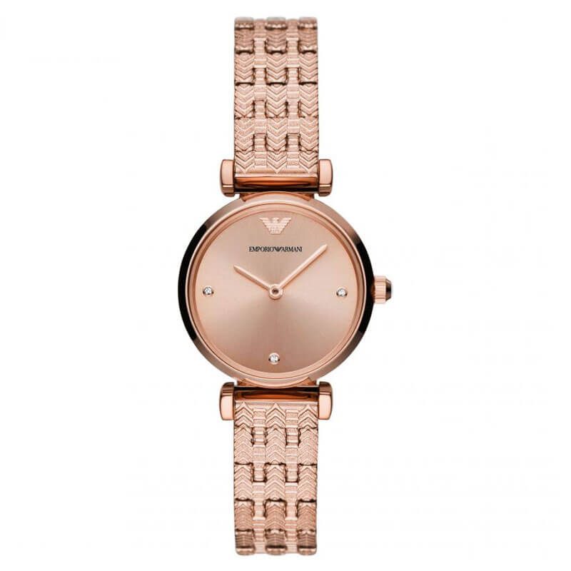 Emporio Armani Gianna T-bar watch front view with rose gold dial and crystal hour markers