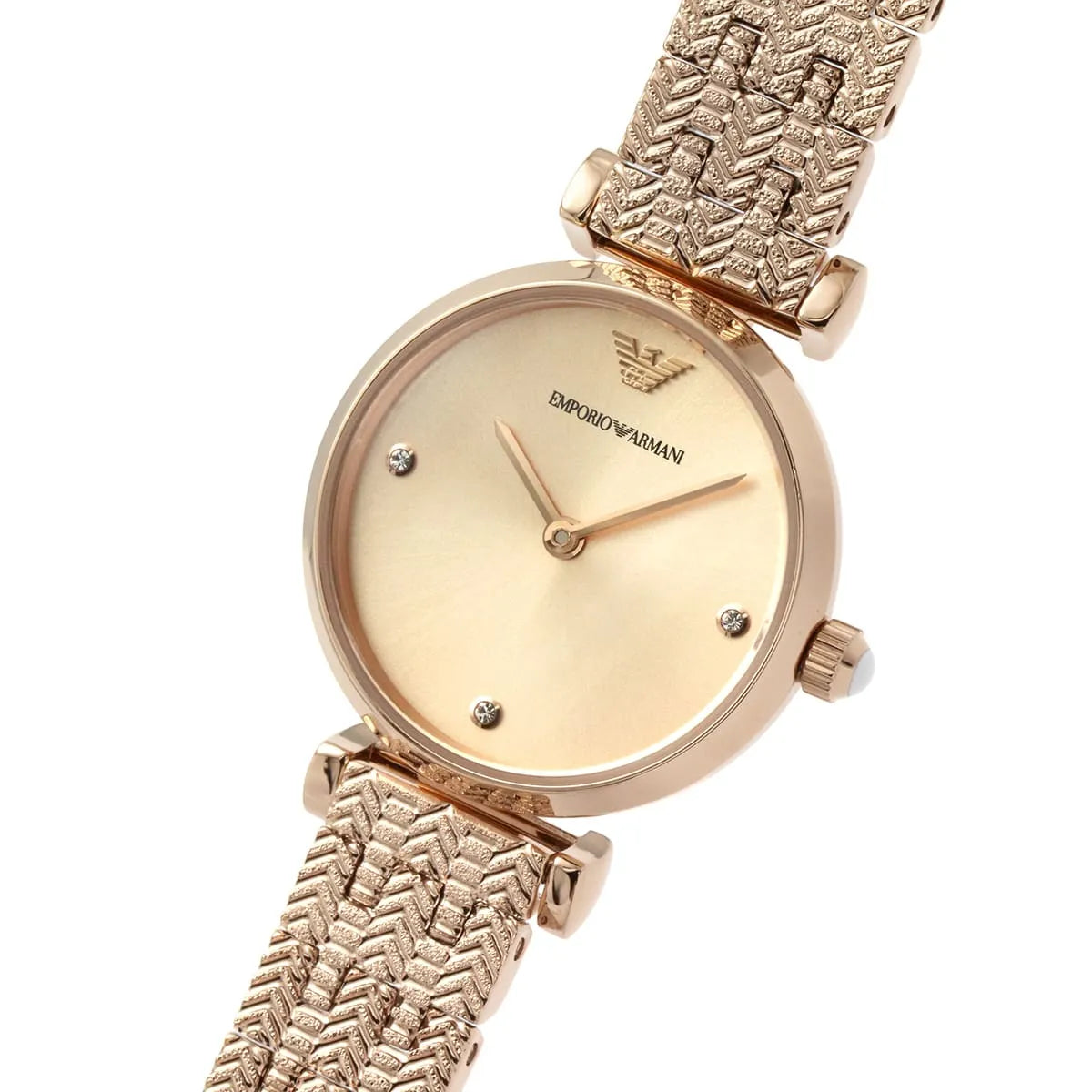 Emporio Armani Gianna T-bar rose gold watch worn on wrist showing dial with crystal indices