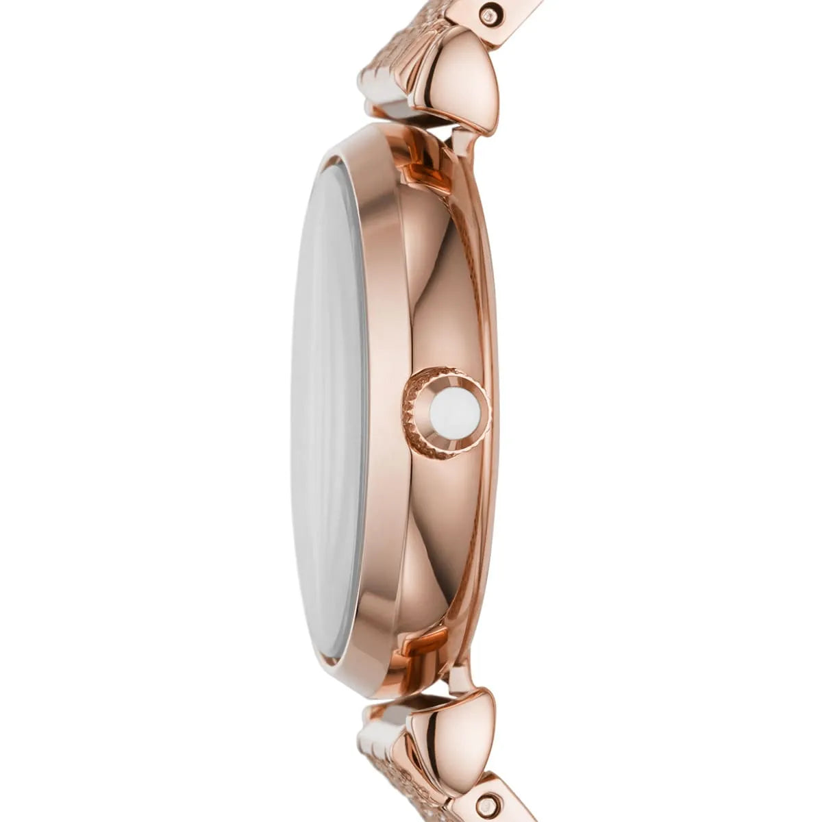Emporio Armani Gianna T-bar watch side profile showing rose gold case and T-bar strap attachment