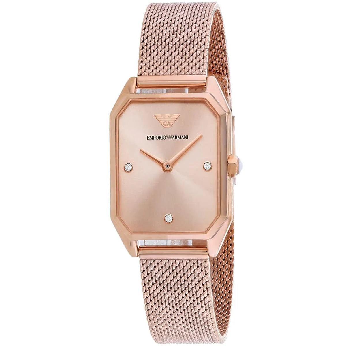 Three-quarter view of Emporio Armani Joy rose gold watch with mesh strap and rectangular case