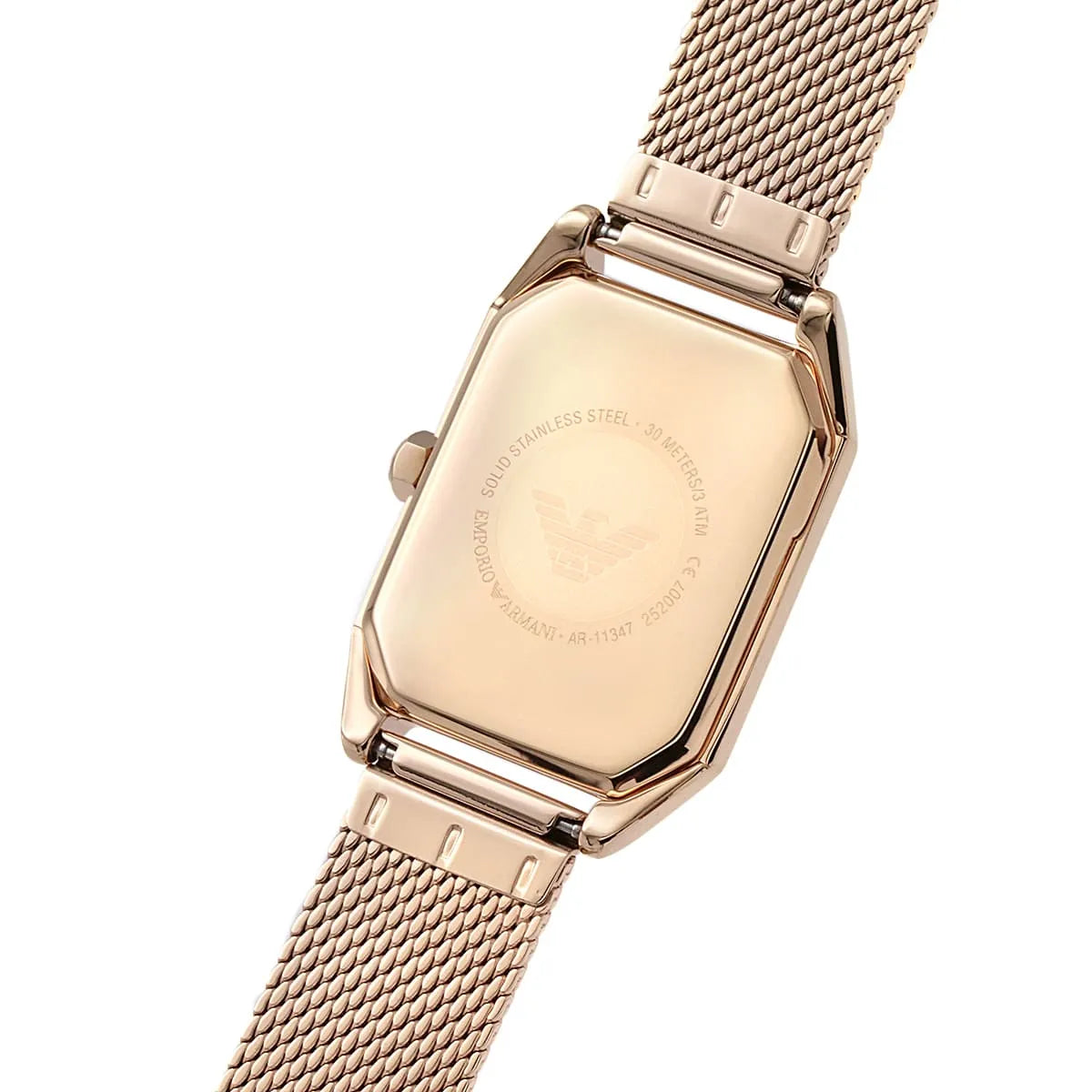 Caseback of Emporio Armani Joy rose gold watch showing engraved details