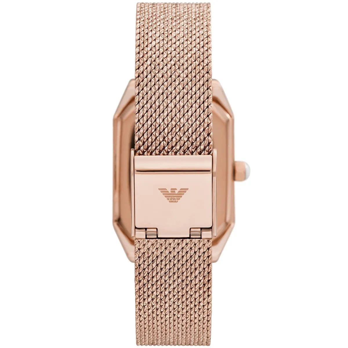 Top-down view of Emporio Armani Joy rose gold rectangular watch with mesh bracelet