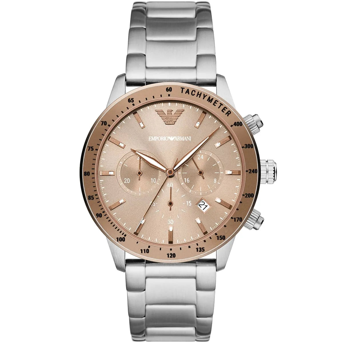 Emporio Armani Mario chronograph watch with brown dial and silver steel bracelet
