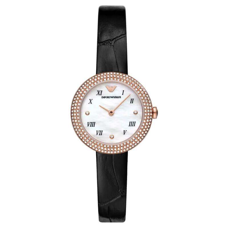 Emporio Armani AR11356 women's watch with rose gold case, white MOP dial, Roman numerals, crystal bezel, and black leather strap