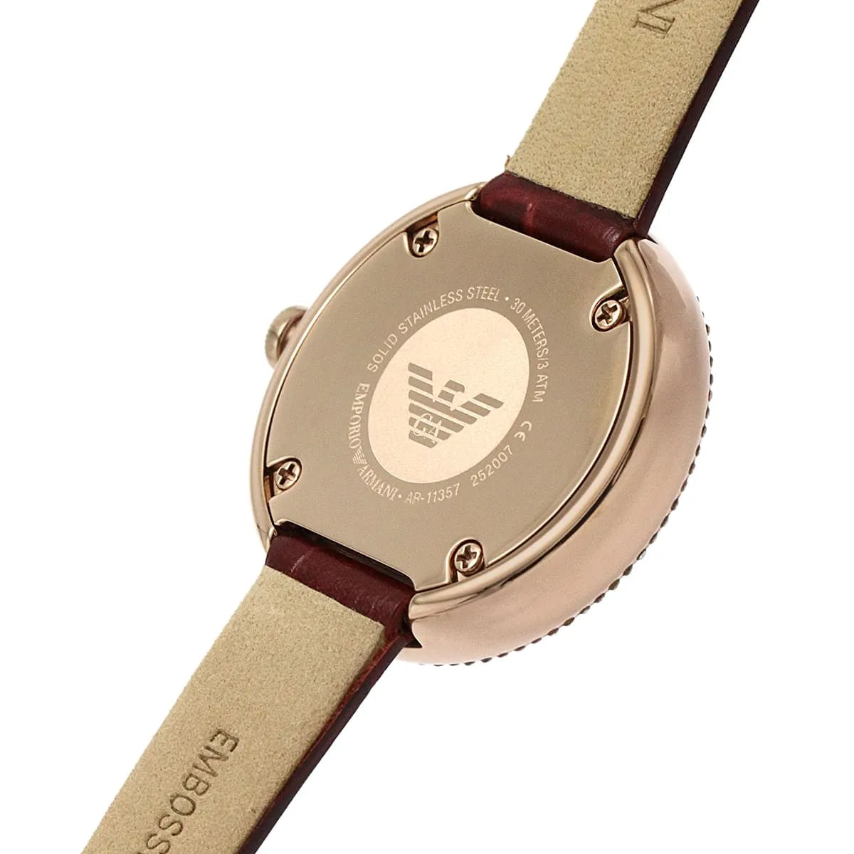 Emporio Armani AR11357 caseback engraved with eagle motif and watch specifications on rose gold case